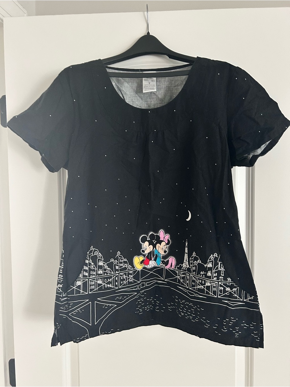Disney Black Scrub Top with Mickey & Minnie Paris Graphic